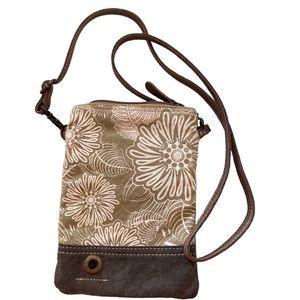 Myra Leafy Upcycled Canvas and Leather Crossbody Bag